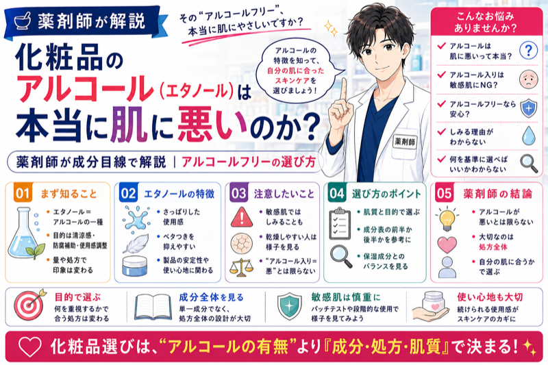 化粧品のアルコール（エタノール）は本当に肌に悪いのか？薬剤師が成分目線で解説｜アルコールフリーの選び方