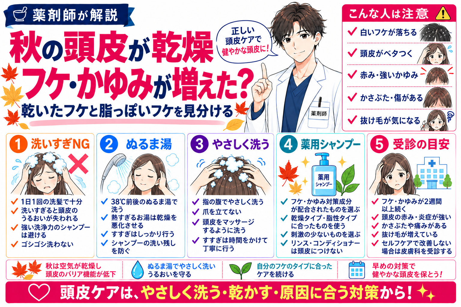 秋に頭皮が乾燥してフケ・かゆみが出るのはなぜ？薬剤師が洗い方と受診目安を解説