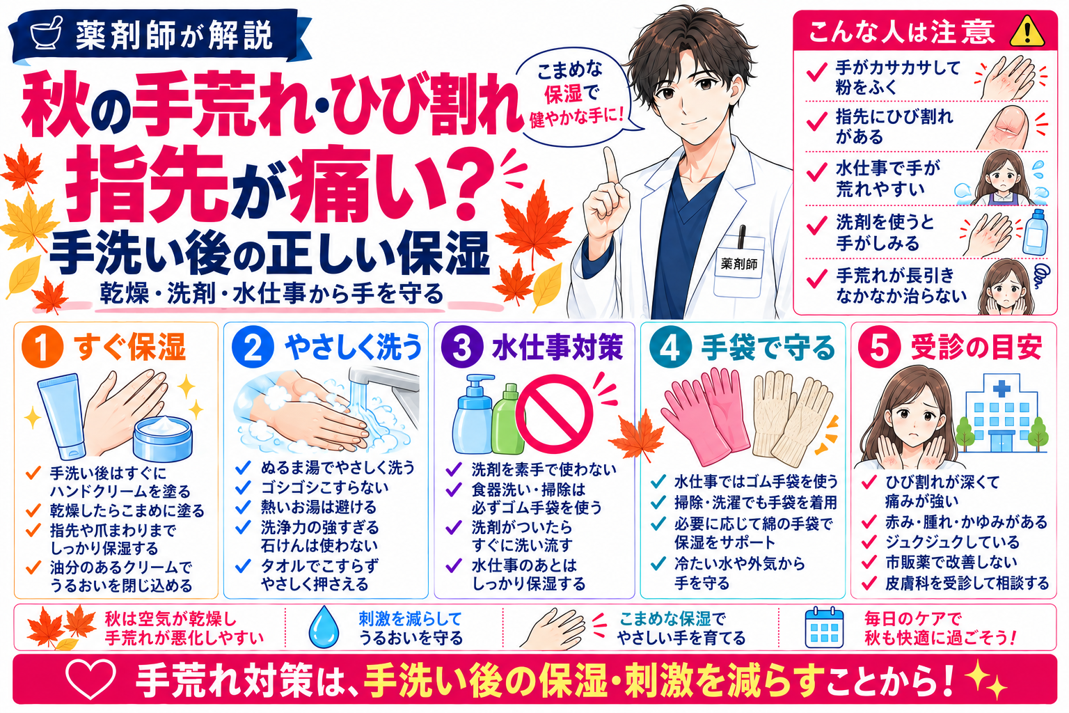 秋の手荒れ・指先のひび割れはなぜ？薬剤師が手洗い後の保湿と受診目安を解説