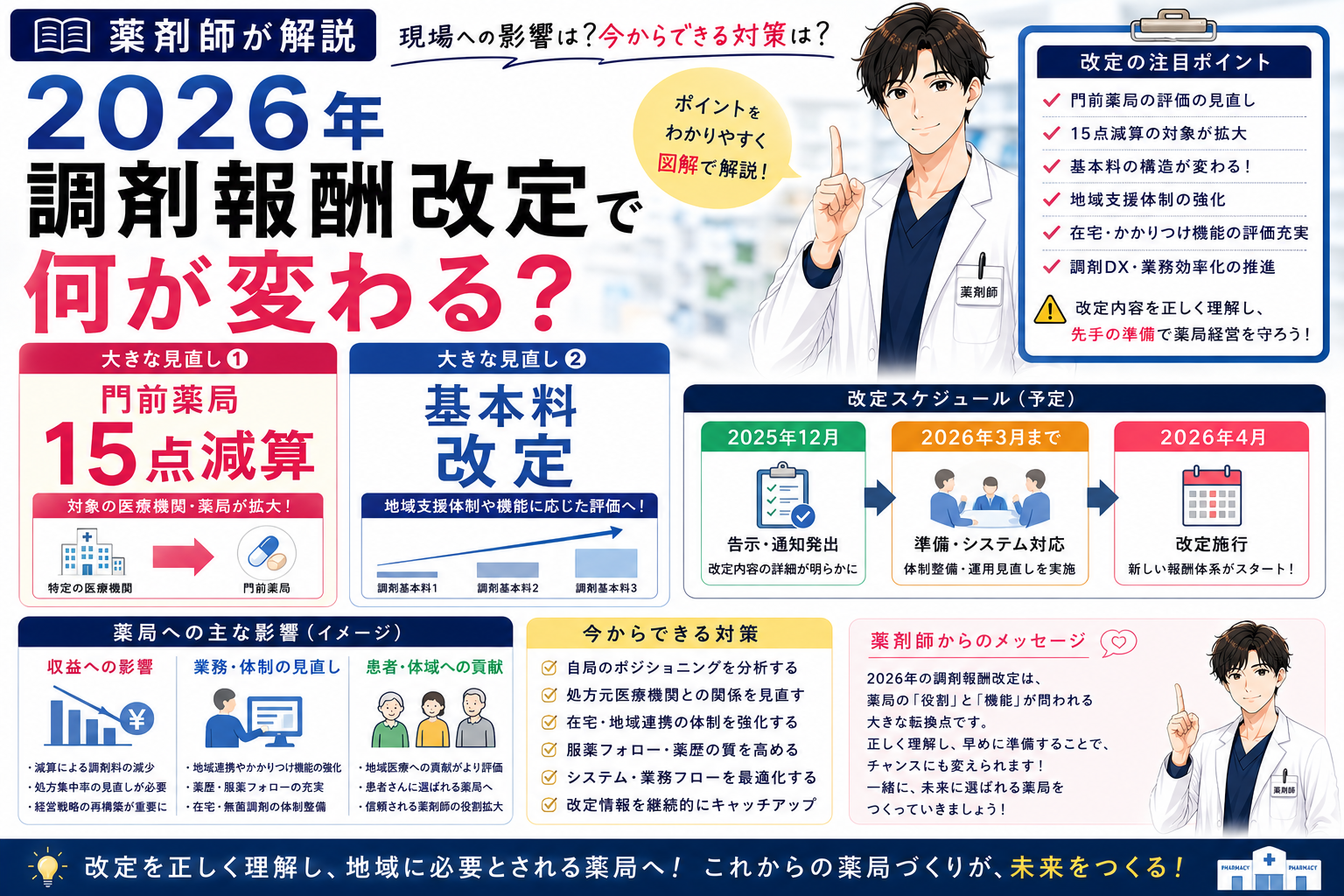 【薬剤師が解説】2026年調剤報酬改定で何が変わる？門前薬局15点減算・基本料改定をわかりやすく