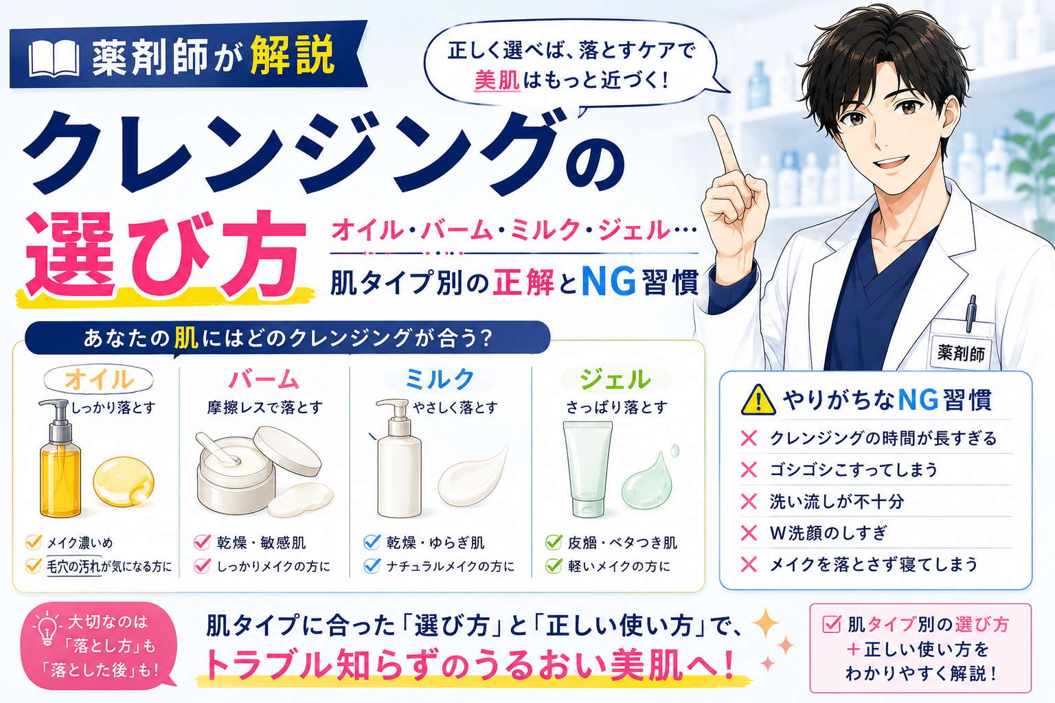 【薬剤師が解説】クレンジングの選び方｜オイル・バーム・ミルク・ジェル…肌タイプ別の正解とNG習慣