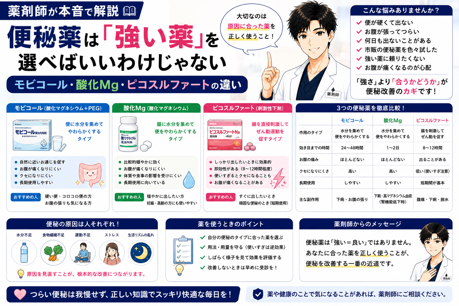 【薬剤師が本音で解説】便秘薬は「強い薬」を選べばいいわけじゃない｜モビコール・酸化Mg・ピコスルファートの違い