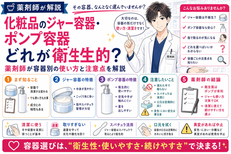 化粧品のジャー容器・ポンプ容器はどれが衛生的？薬剤師が容器別の使い方と注意点を解説