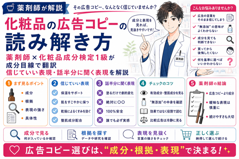 化粧品の広告コピーを薬剤師が成分目線で翻訳してみた｜信じていい表現・話半分に聞く表現