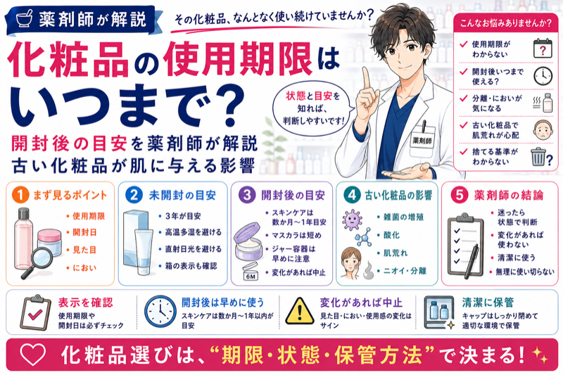 化粧品の使用期限はいつまで？開封後の目安を薬剤師が解説｜古い化粧品が肌に与える影響