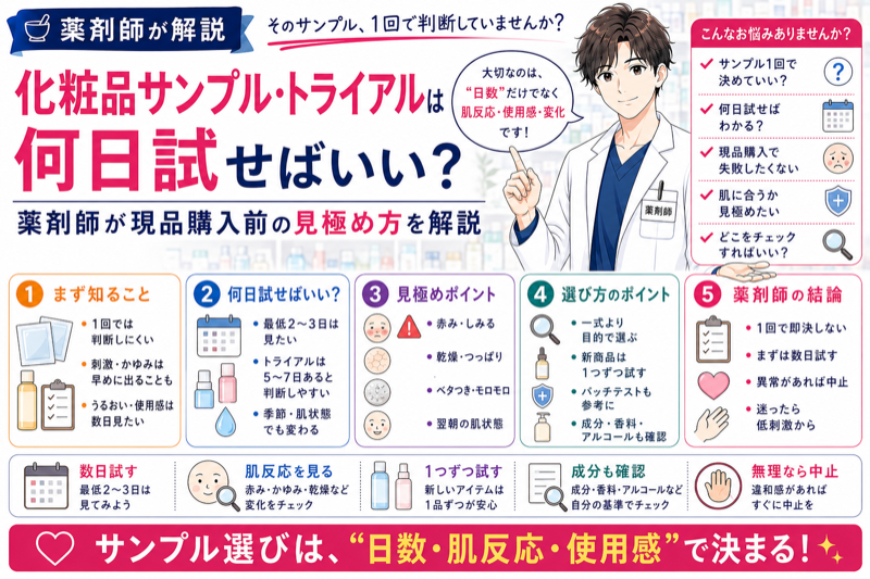 化粧品サンプル・トライアルは何日試せばいい？薬剤師が現品購入前の見極め方を解説