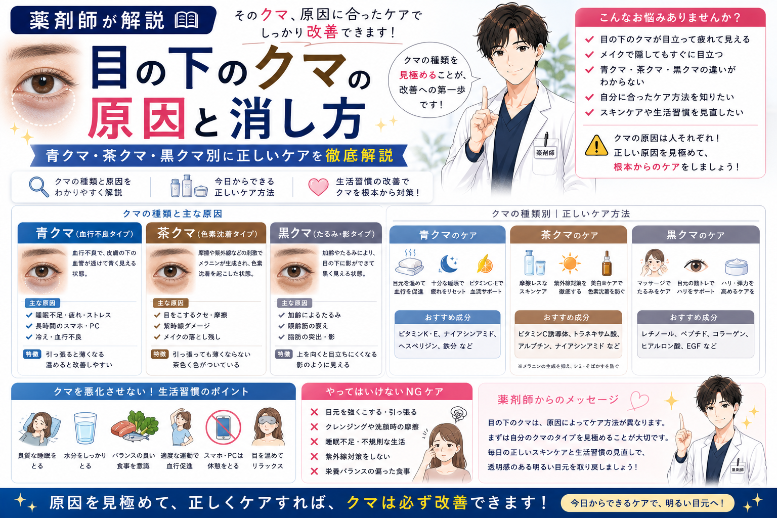 【薬剤師が解説】目の下のクマの原因と消し方｜青クマ・茶クマ・黒クマ別に正しいケアを徹底解説