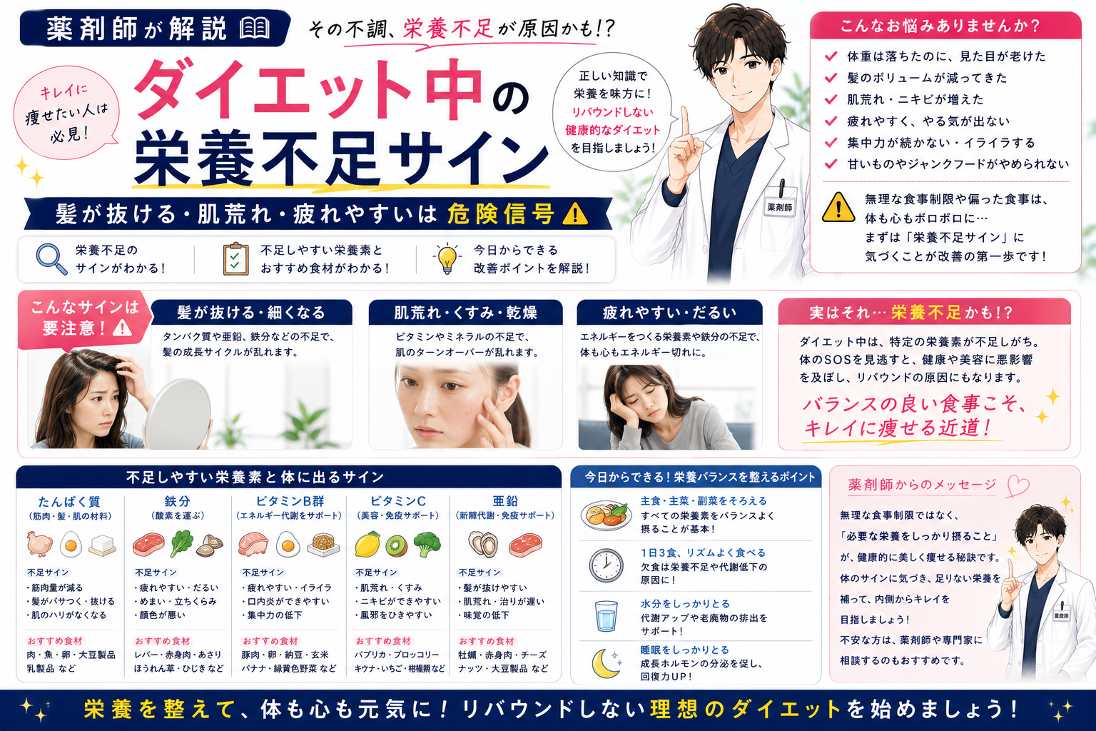 【薬剤師が解説】ダイエット中の栄養不足サイン｜髪が抜ける・肌荒れ・疲れやすいは危険信号