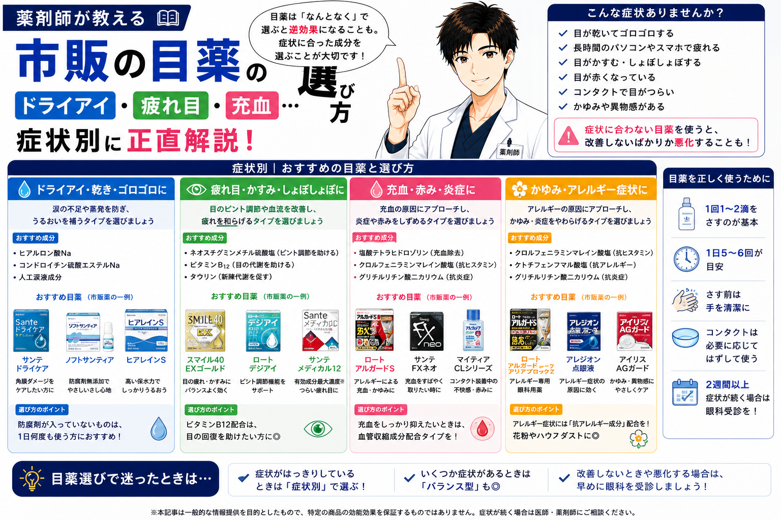 【薬剤師が教える】市販の目薬の選び方｜ドライアイ・疲れ目・充血…症状別に正直解説