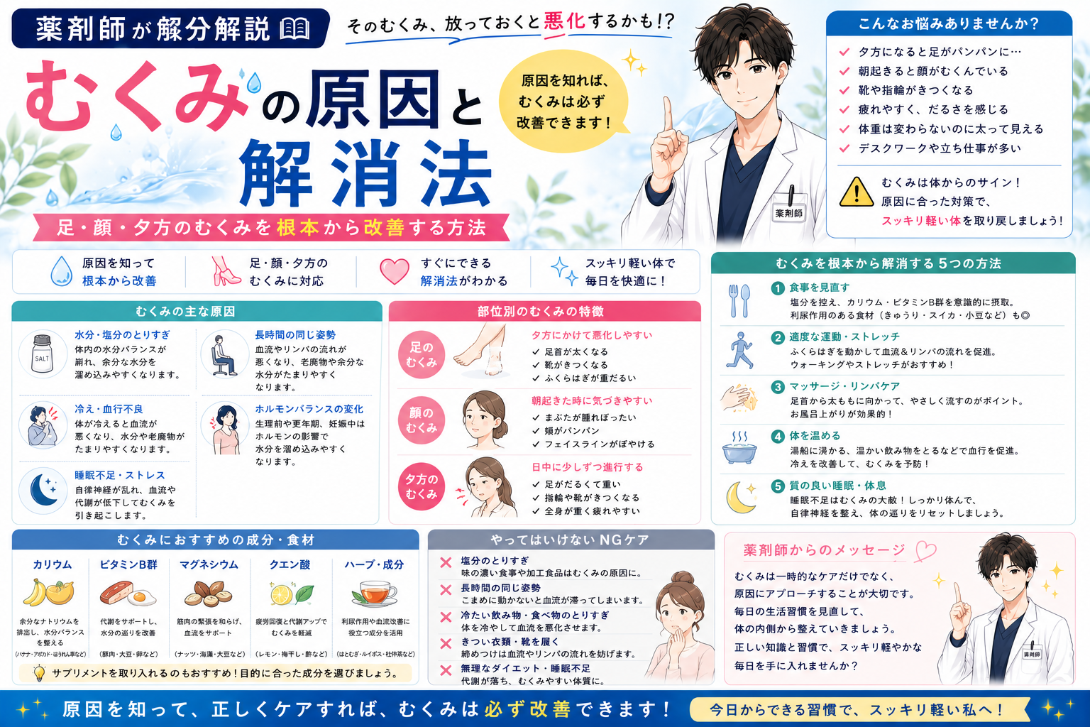 【薬剤師が解説】むくみの原因と解消法｜足・顔・夕方のむくみを根本から改善する方法