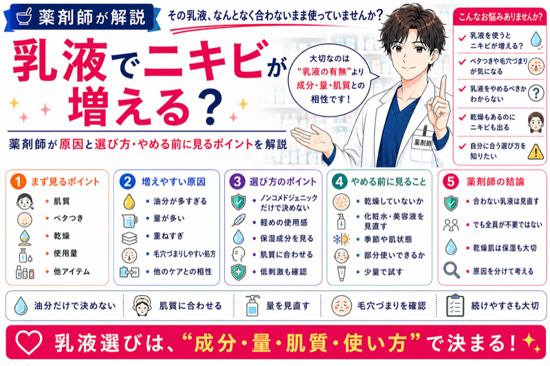 乳液でニキビが増える？薬剤師が原因と選び方・やめる前に見るポイントを解説