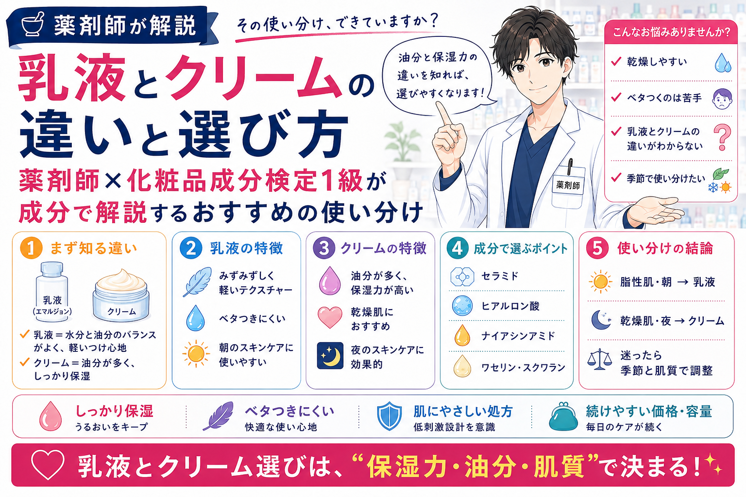 乳液とクリームの違いと選び方｜薬剤師×化粧品成分検定1級が成分で解説するおすすめの使い分け
