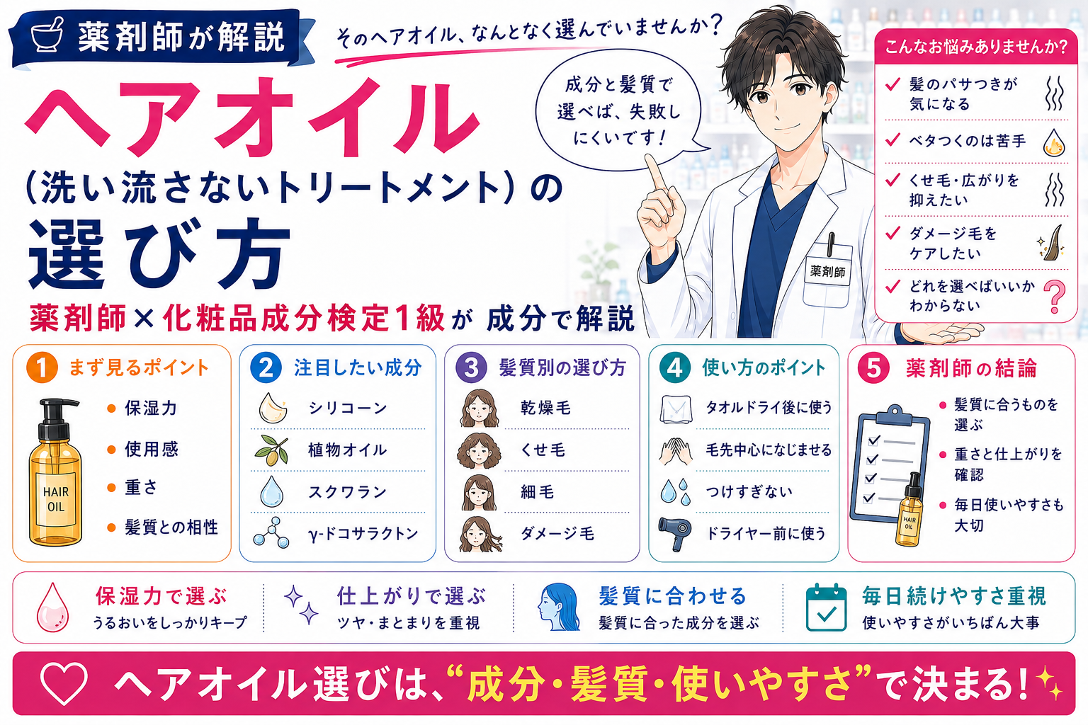 ヘアオイル（洗い流さないトリートメント）の選び方｜薬剤師×化粧品成分検定1級が成分で解説