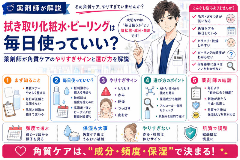拭き取り化粧水・ピーリングは毎日使っていい？薬剤師が角質ケアのやりすぎサインと選び方を解説