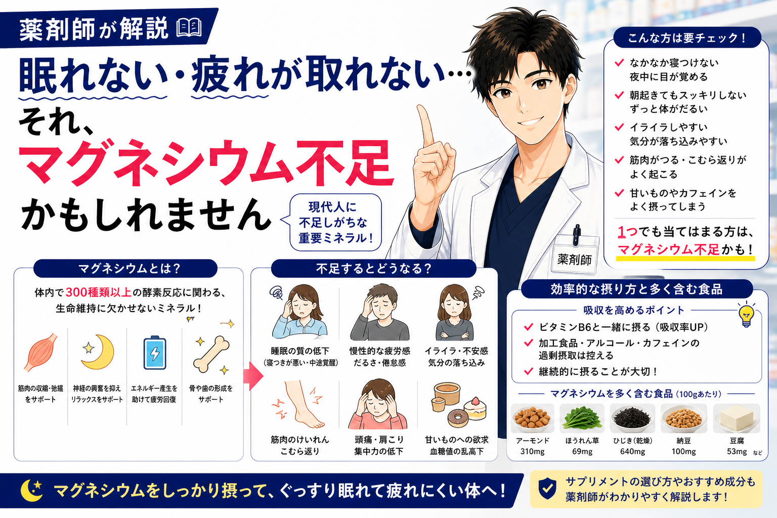 【薬剤師が解説】眠れない・疲れが取れない…それ、マグネシウム不足かもしれません