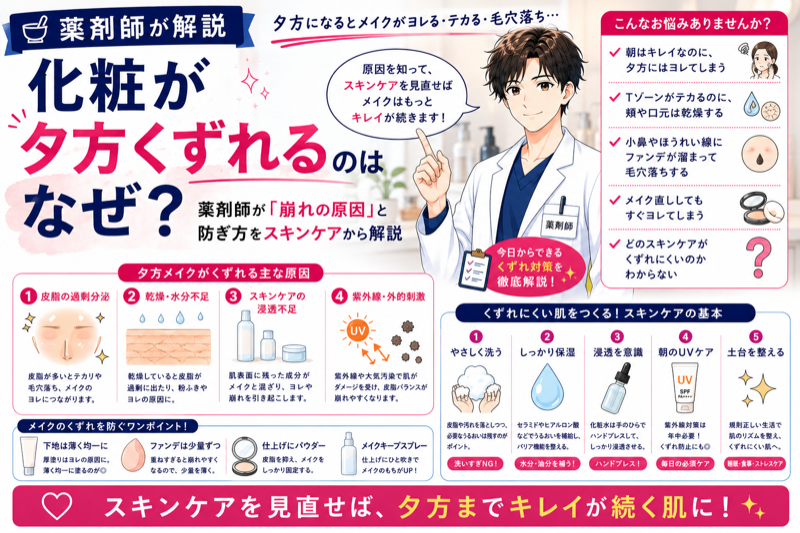 化粧が夕方くずれるのはなぜ？薬剤師が「崩れの原因」と防ぎ方をスキンケアから解説