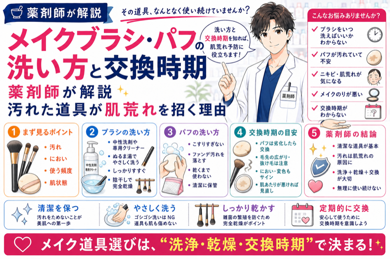 メイクブラシ・パフの洗い方と交換時期を薬剤師が解説｜汚れた道具が肌荒れを招く理由