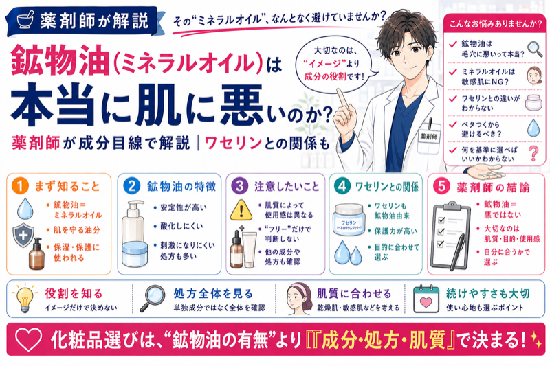 鉱物油（ミネラルオイル）は本当に肌に悪いのか？薬剤師が成分目線で解説｜ワセリンとの関係も