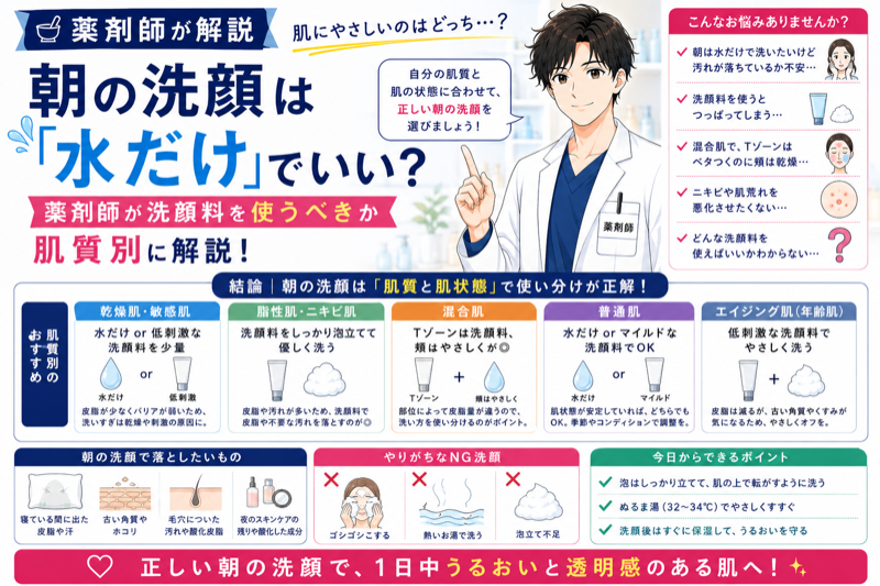 朝の洗顔は「水だけ」でいい？薬剤師が洗顔料を使うべきか肌質別に解説