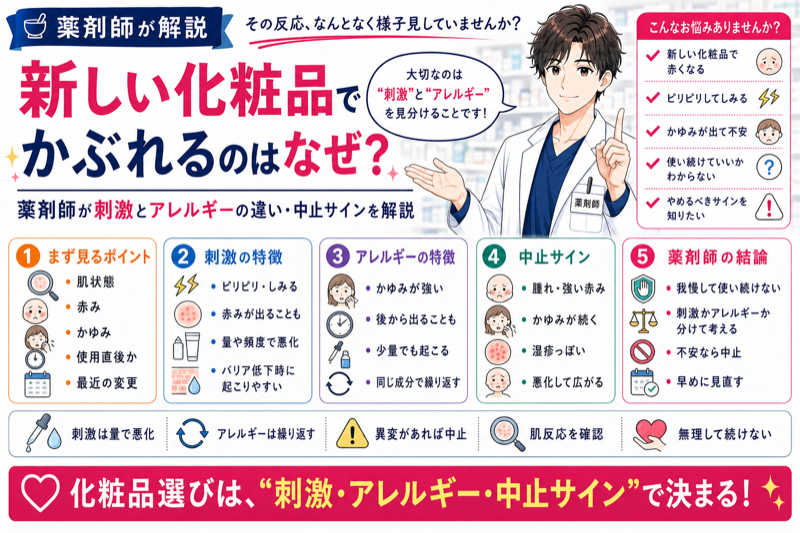 新しい化粧品でかぶれるのはなぜ？薬剤師が刺激とアレルギーの違い・中止サインを解説
