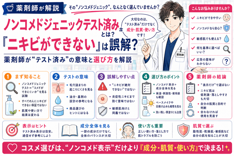 ノンコメドジェニックテスト済みとは？薬剤師が「ニキビができない」の誤解と選び方を解説