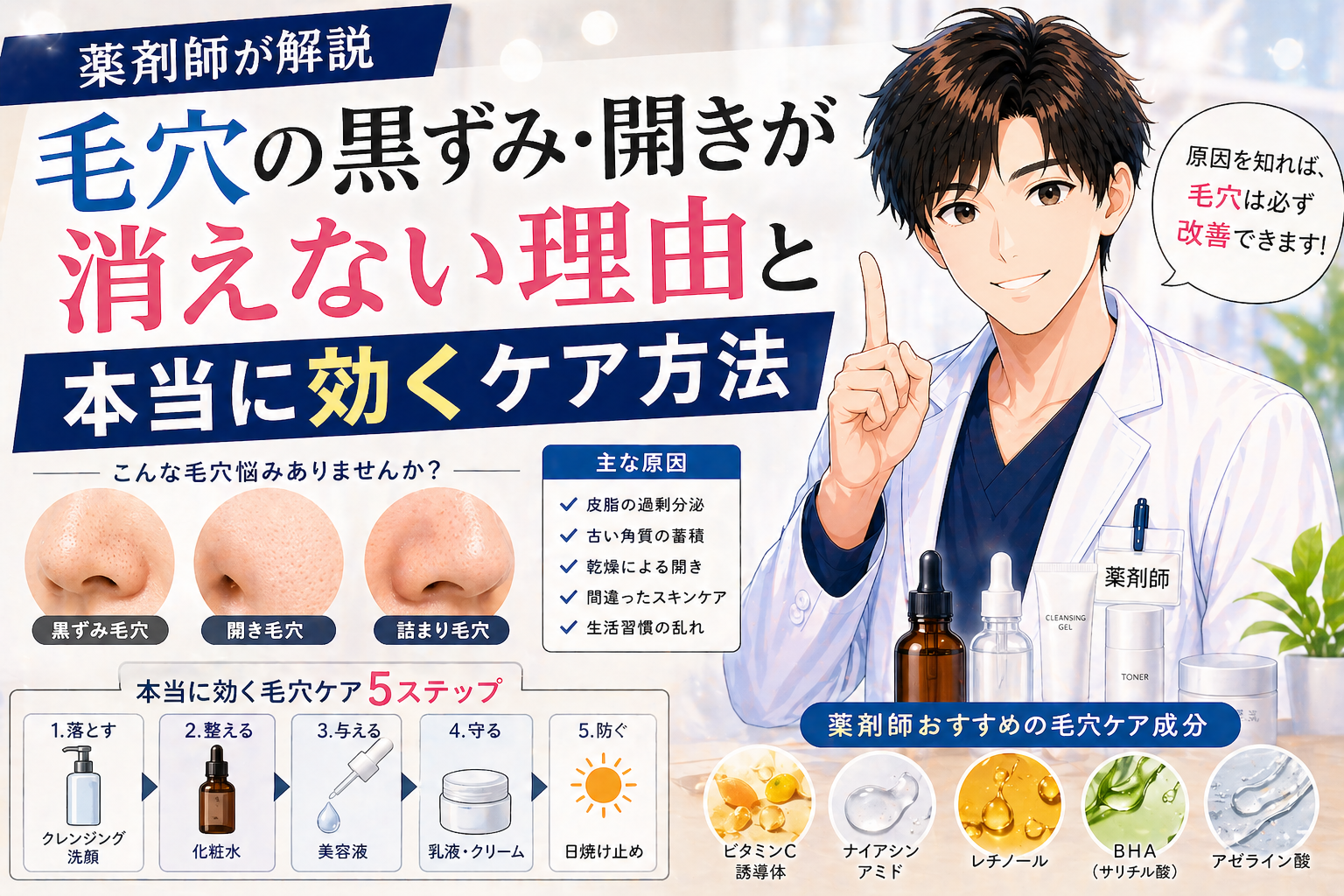 【薬剤師が解説】毛穴の黒ずみ・開きが消えない理由と本当に効くケア方法
