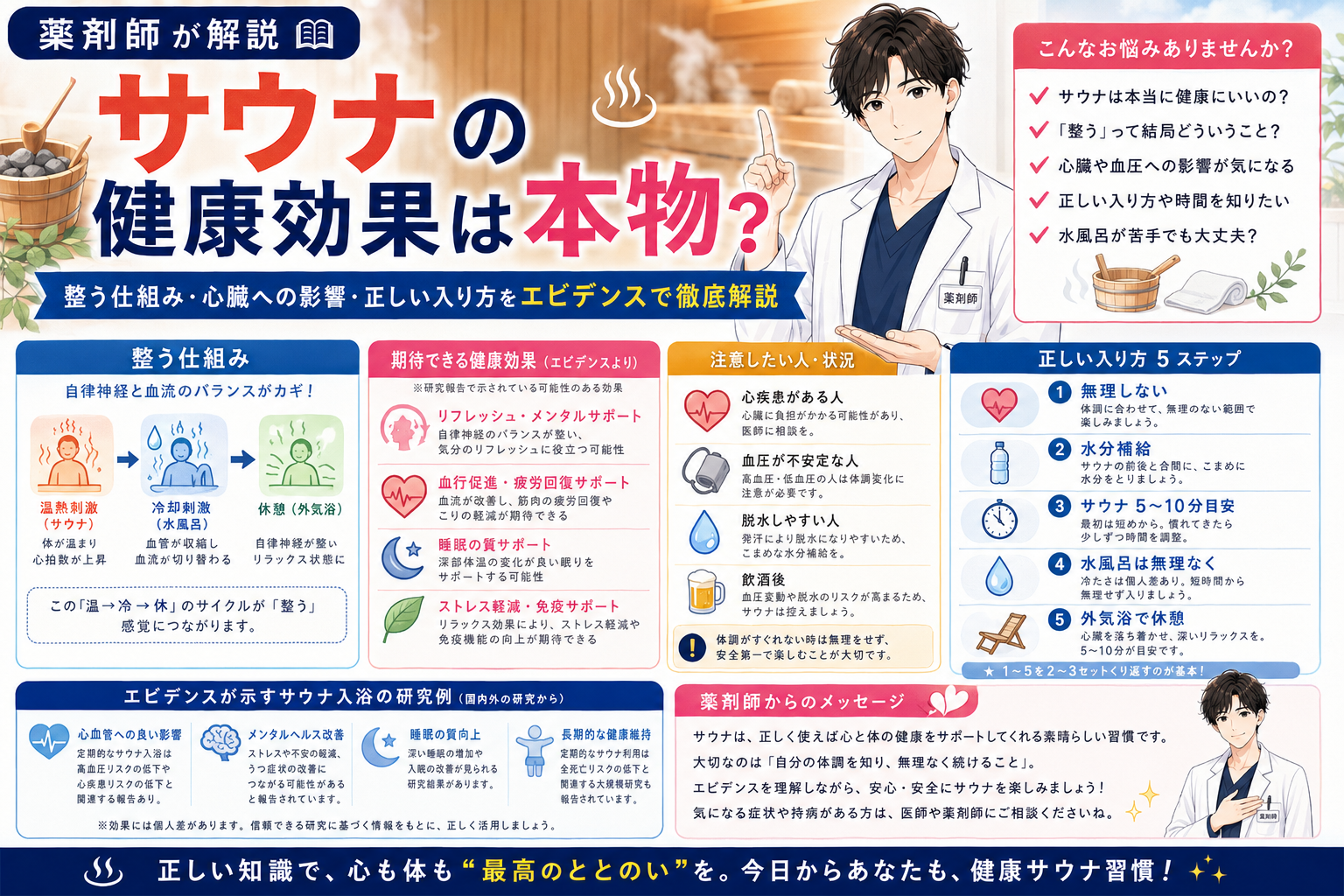 【薬剤師が解説】サウナの健康効果は本物？整う仕組み・心臓への影響・正しい入り方をエビデンスで徹底解説