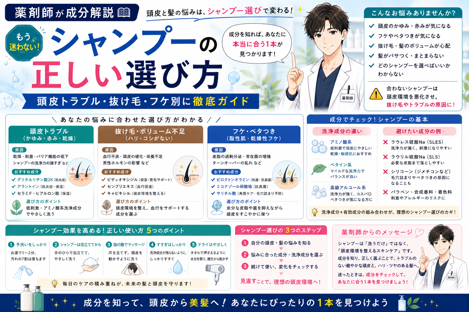 【薬剤師が成分解説】シャンプーの正しい選び方｜頭皮トラブル・抜け毛・フケ別に徹底ガイド