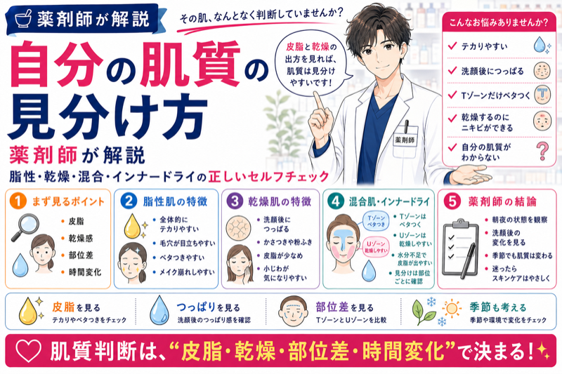 自分の肌質の見分け方を薬剤師が解説｜脂性・乾燥・混合・インナードライの正しいセルフチェック