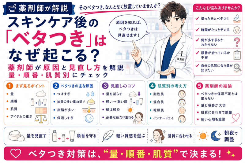 スキンケア後のベタつきはなぜ起こる？薬剤師が原因と量・順番・肌質別の見直し方を解説