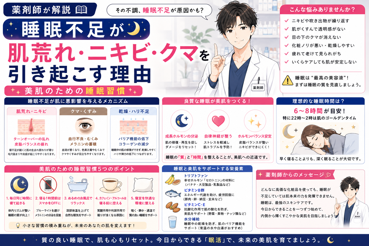 【薬剤師が解説】睡眠不足が肌荒れ・ニキビ・クマを引き起こす理由｜美肌のための睡眠習慣