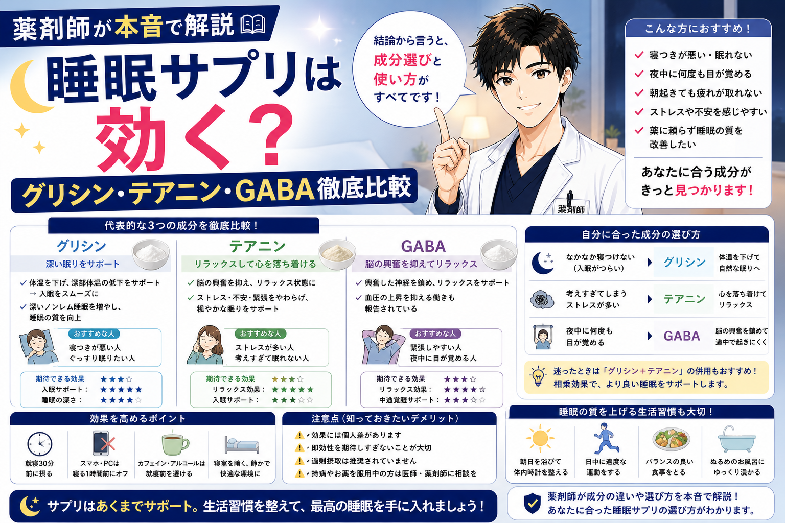 【薬剤師が本音で解説】睡眠サプリは効く？グリシン・テアニン・GABA徹底比較