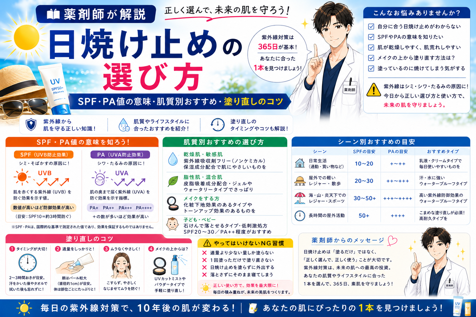 【薬剤師が解説】日焼け止めの選び方｜SPF・PA値の意味・肌質別おすすめ・塗り直しのコツ