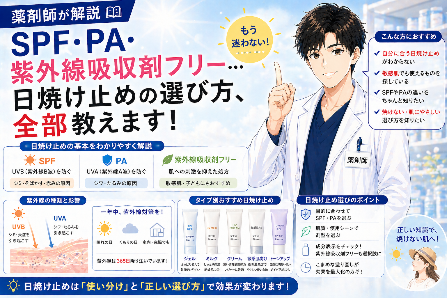 【薬剤師が解説】SPF・PA・紫外線吸収剤フリー…日焼け止めの選び方、全部教えます