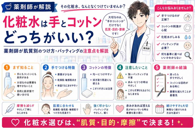 化粧水は手とコットンどっちがいい？薬剤師が肌質別のつけ方・パッティングの注意点を解説