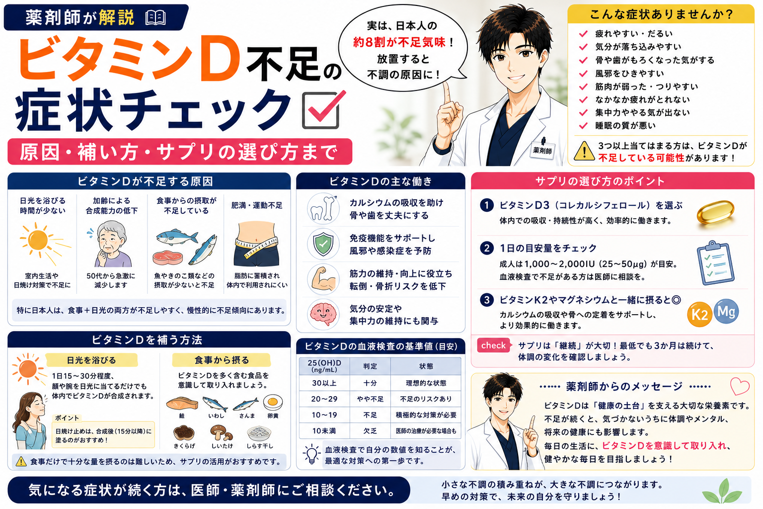 【薬剤師が解説】ビタミンD不足の症状チェック｜原因・補い方・サプリの選び方まで